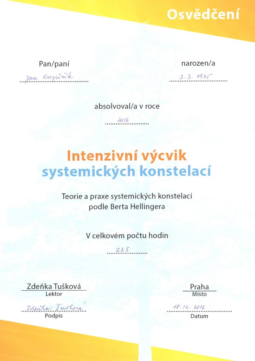 Certifikát: intenzivní výcvik systemických konstelací u Zdeňky Tuškové